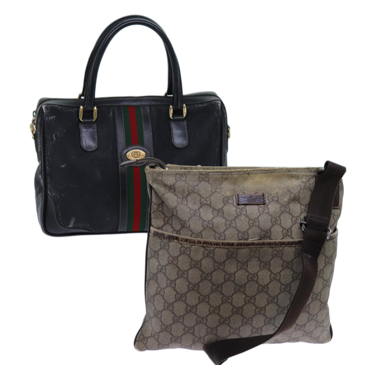 GUCCI GG Canvas Web Sherry Line Shoulder Bag 2Set Beige Red Green Auth ar11555