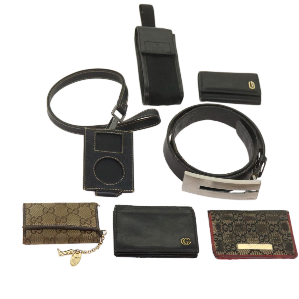 GUCCI GG Canvas Card Case Belt Key Case Leather 7Set Black Beige Auth ar11560