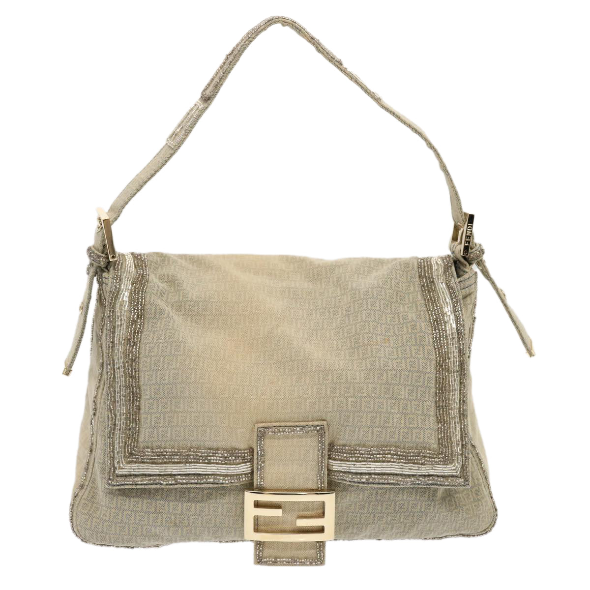 FENDI Zucchino Canvas Beads Mamma Baguette Shoulder Bag Gray Auth ar11697