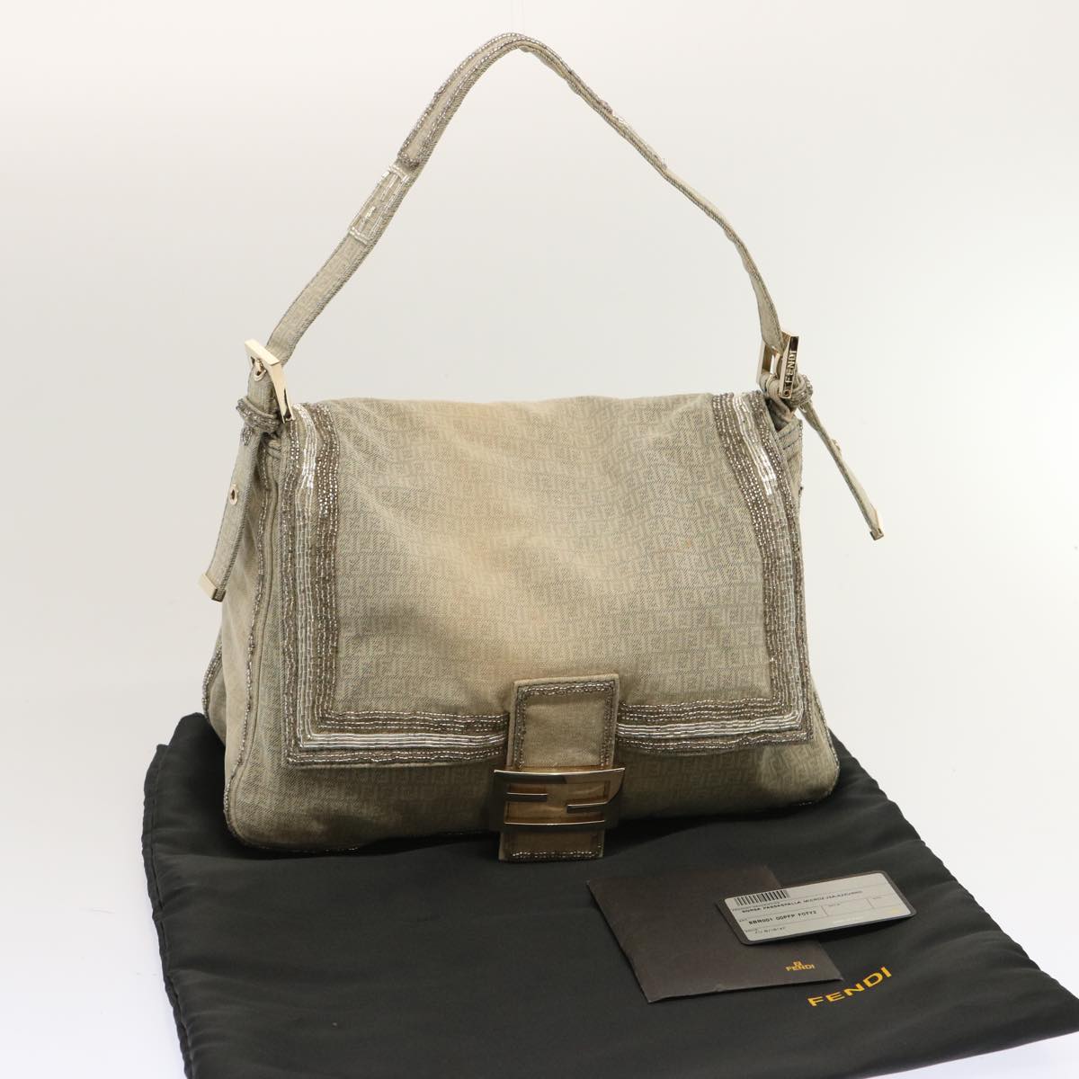 FENDI Zucchino Canvas Beads Mamma Baguette Shoulder Bag Gray Auth ar11697