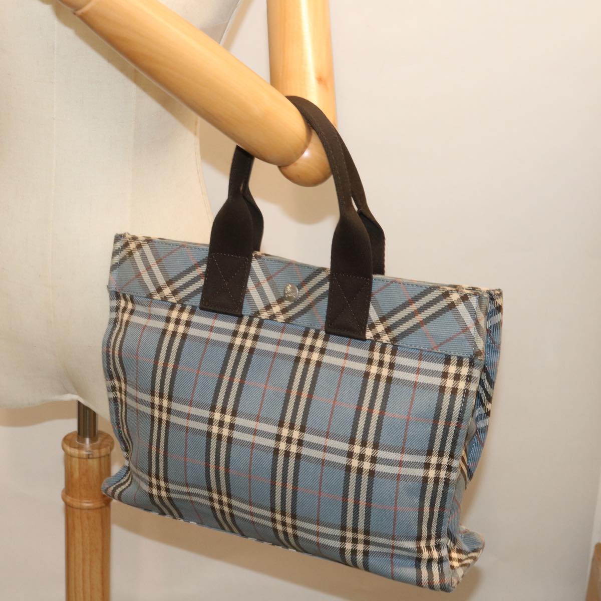 BURBERRY Nova Check Blue Label Hand Bag Canvas Blue Brown Auth ar11707