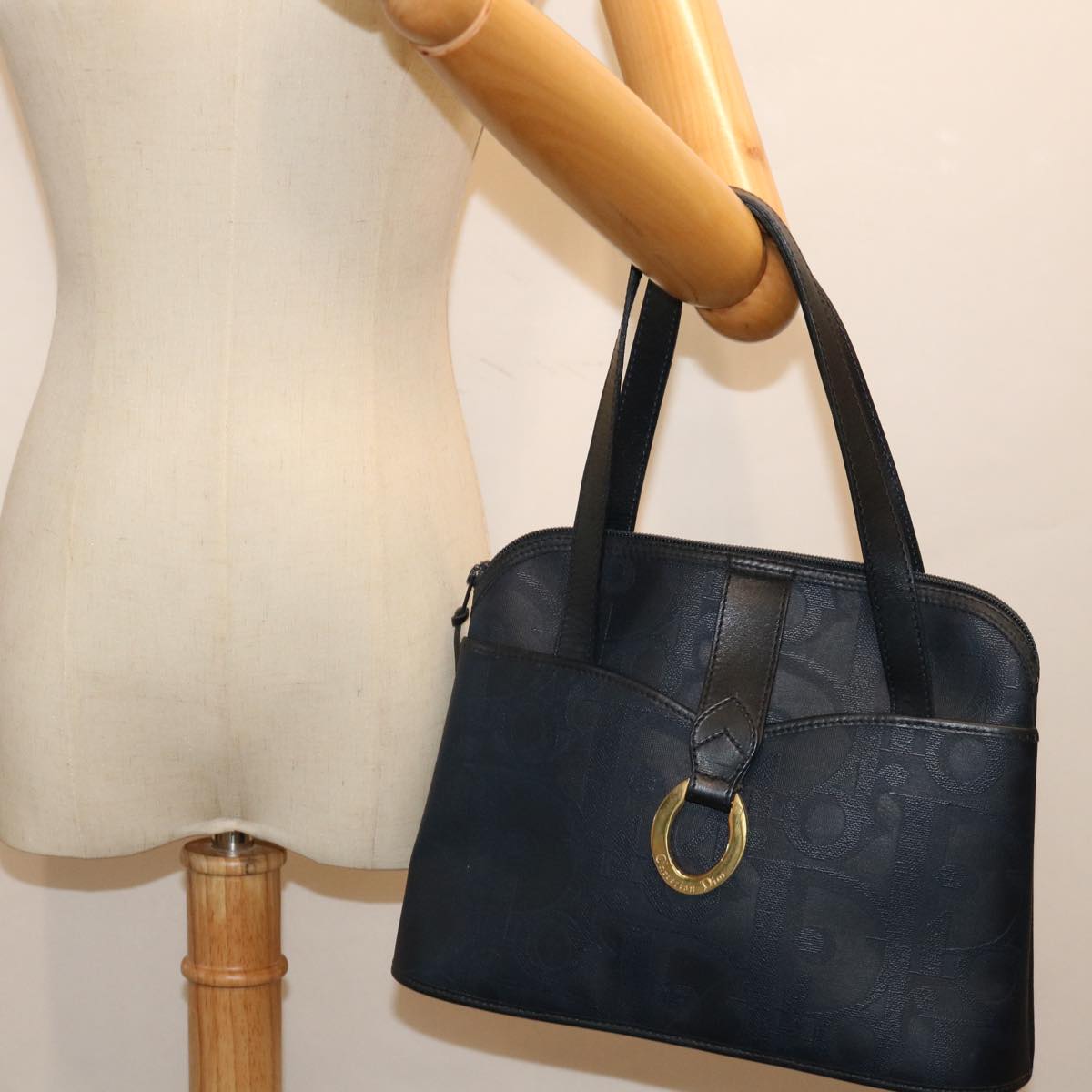 Christian Dior Trotter Canvas Hand Bag Navy Auth ar11715