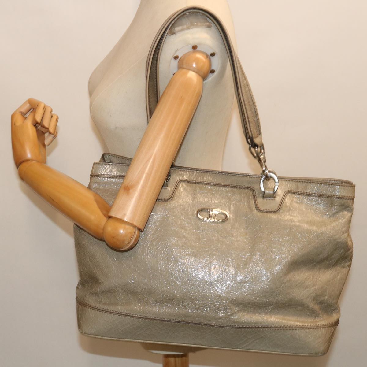 CELINE Tote Bag Patent leather Gray Auth ar11732