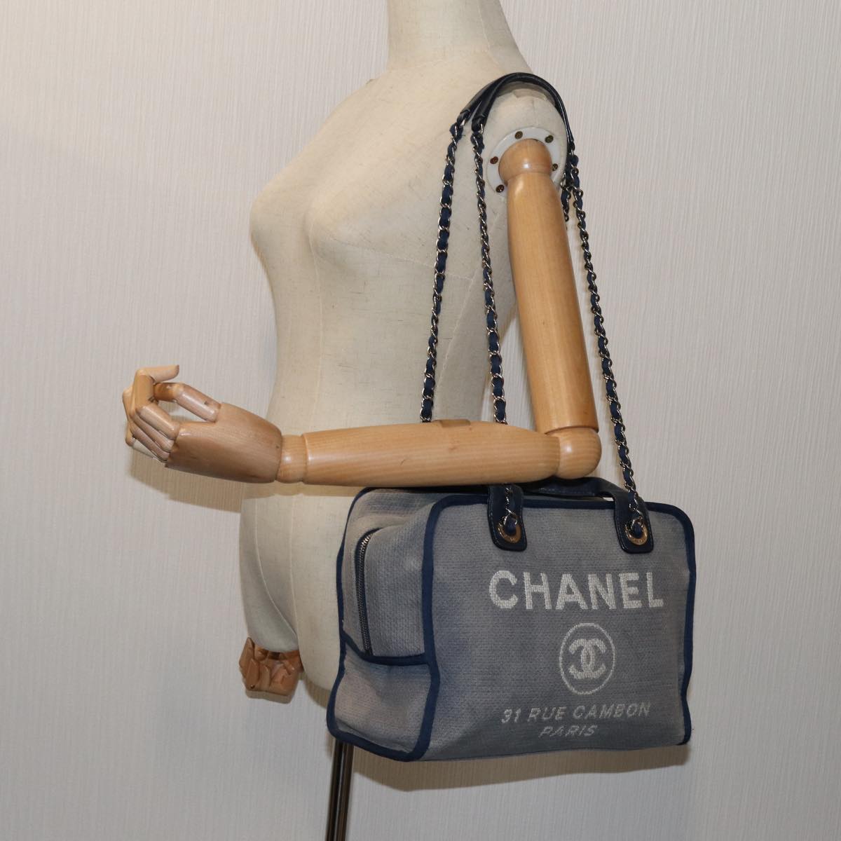 CHANEL Chain Deauville Shoulder Bag Canvas 2way Navy CC Auth ar11757