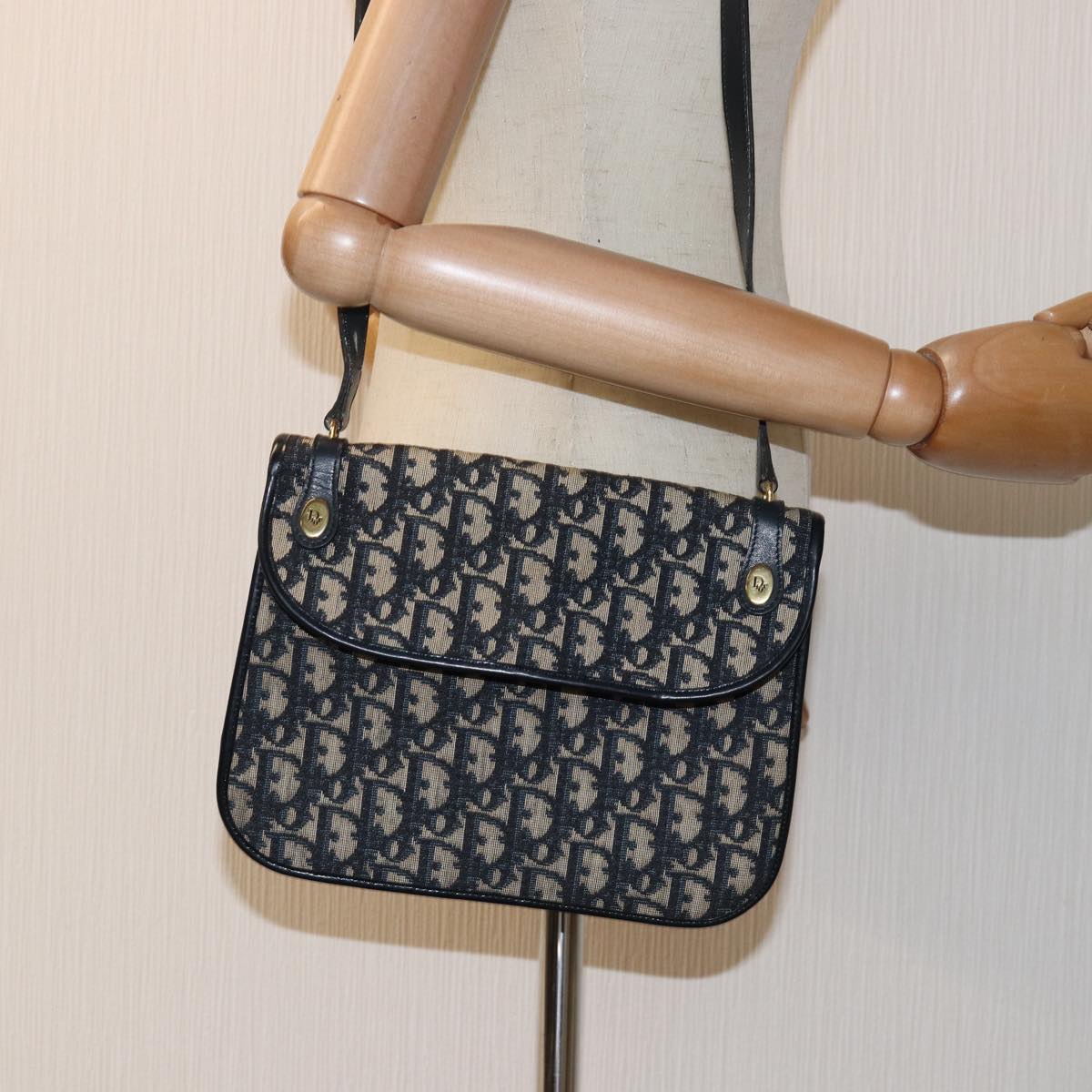 Christian Dior Trotter Canvas Shoulder Bag Navy Auth ar11853