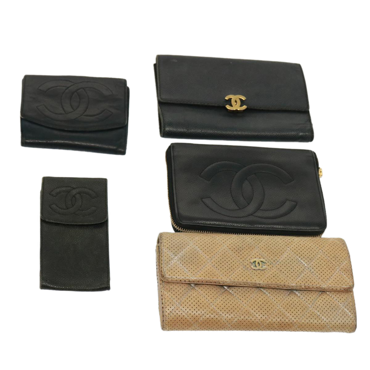 CHANEL Wallet Leather 5Set Black Beige CC Auth ar11902