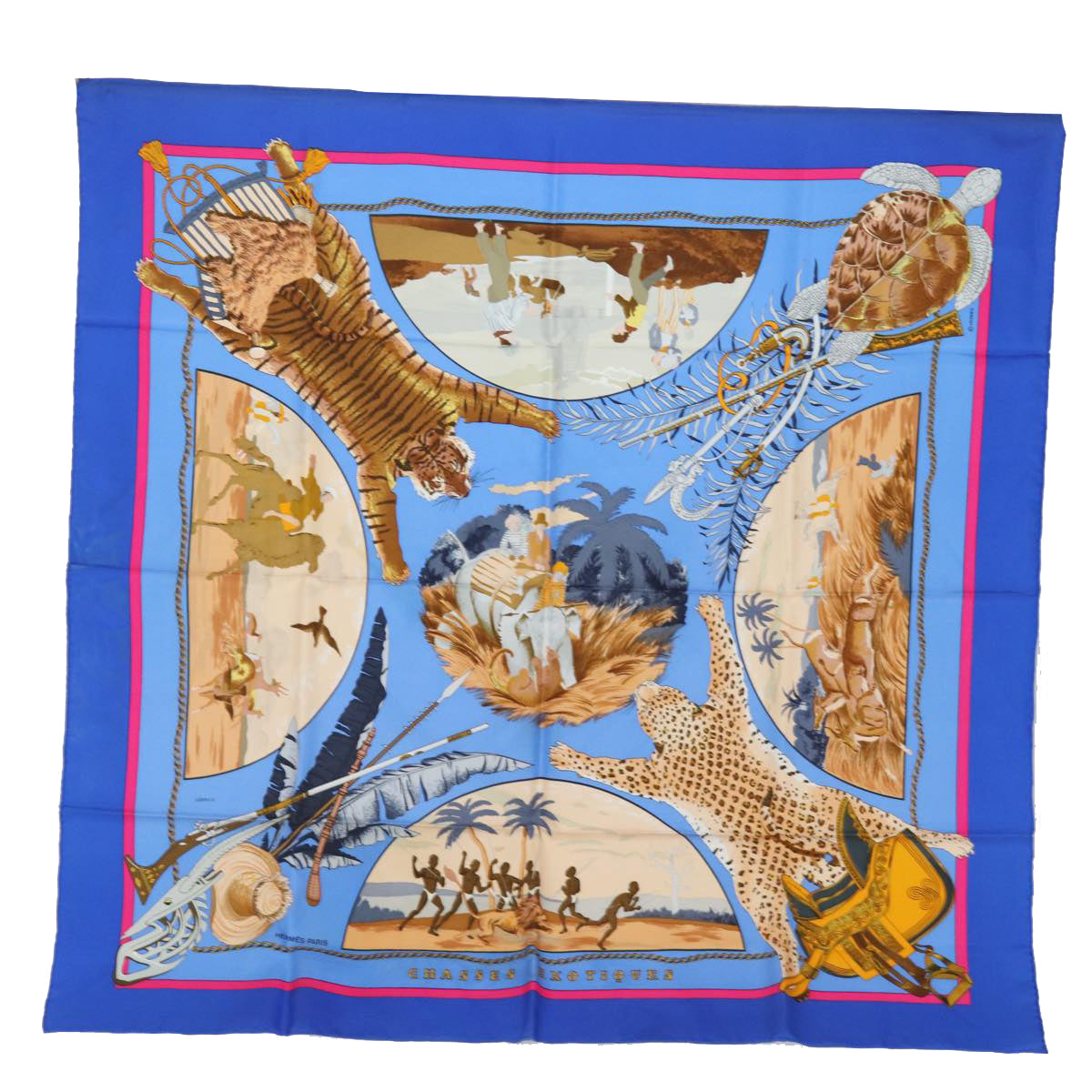 HERMES Carre 90 Scarf CHASSES EXOTIQUES Silk Blue Auth ar11972