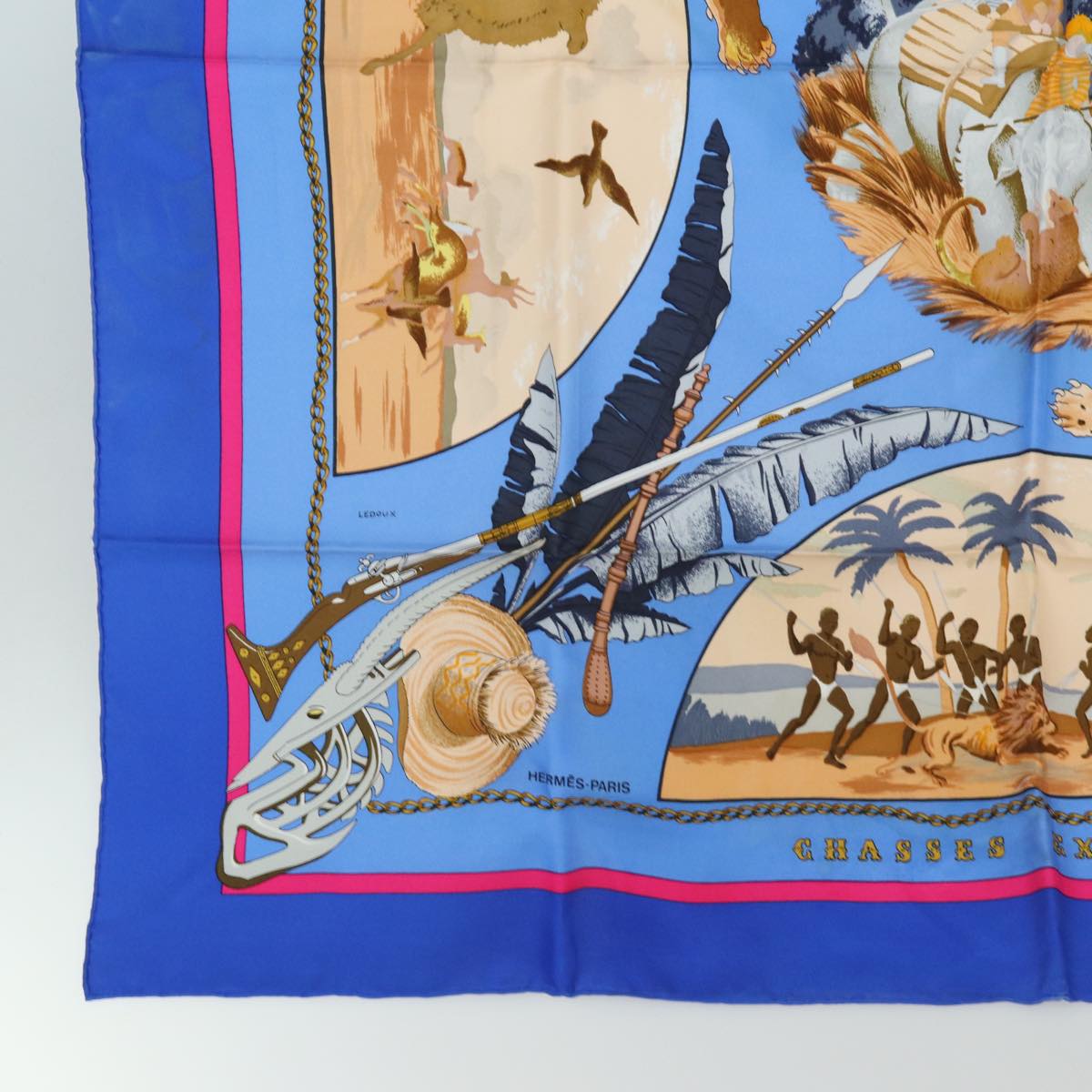 HERMES Carre 90 Scarf CHASSES EXOTIQUES Silk Blue Auth ar11972