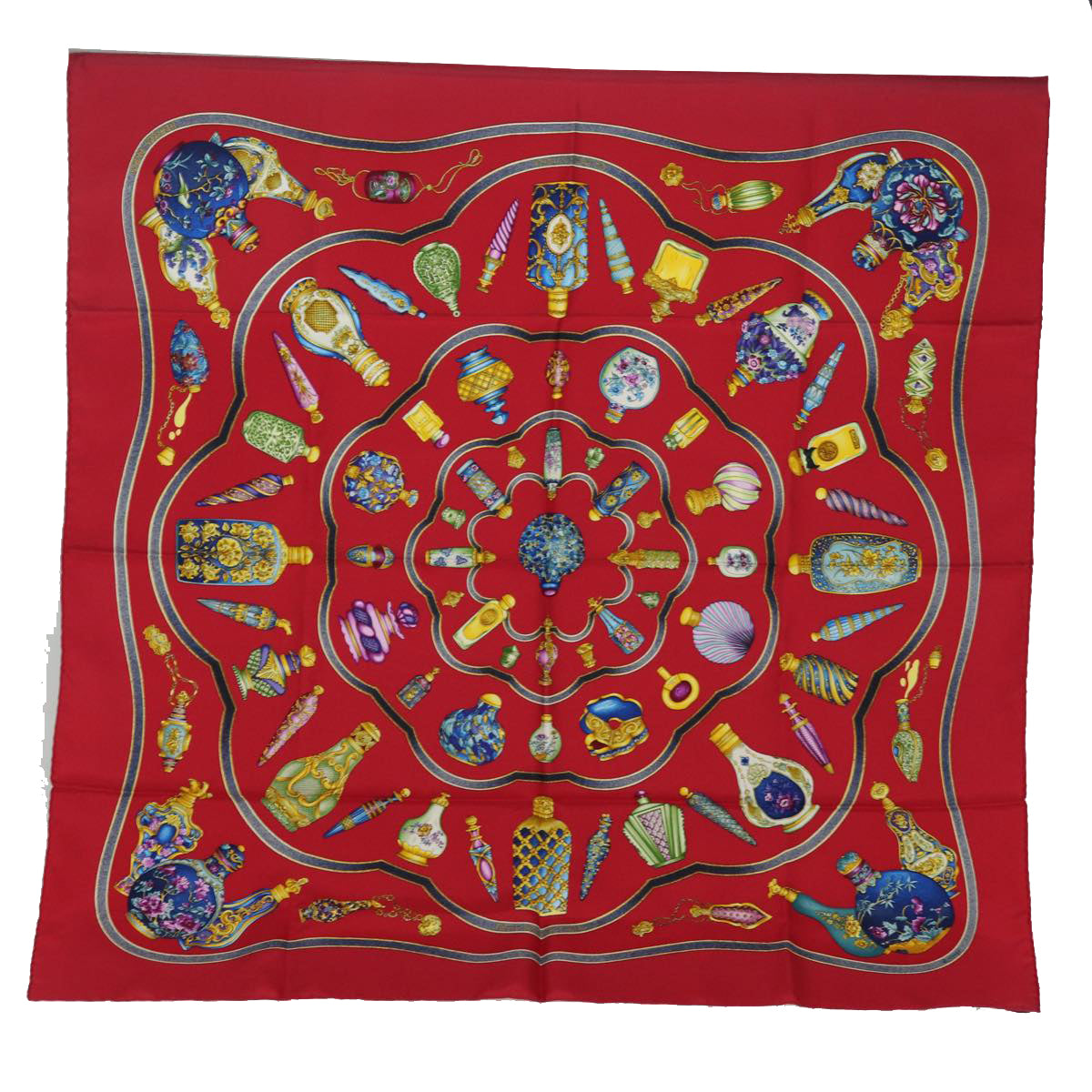 HERMES Carre 90 Scarf qu importe le flacon perfume bottle Silk Red Auth ar11973