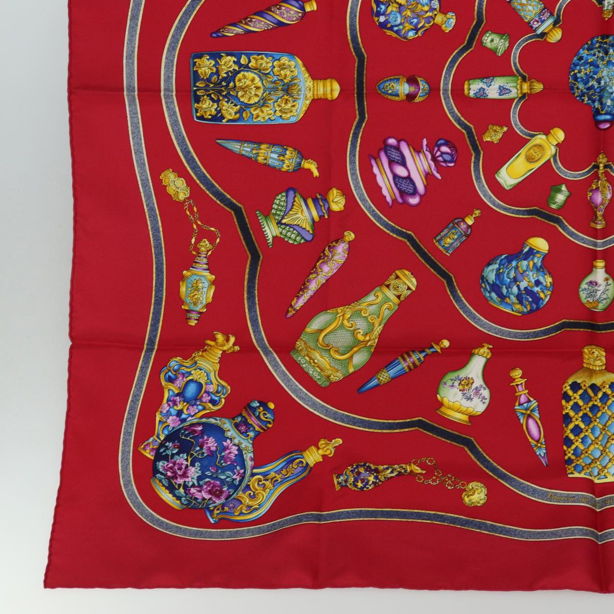 HERMES Carre 90 Scarf qu importe le flacon perfume bottle Silk Red Auth ar11973