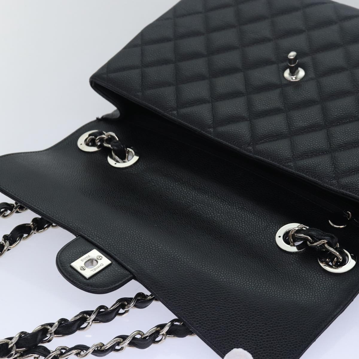 CHANEL Matelasse 30 Turn Lock Chain Bag Caviar Skin Black CC Auth ar11992A