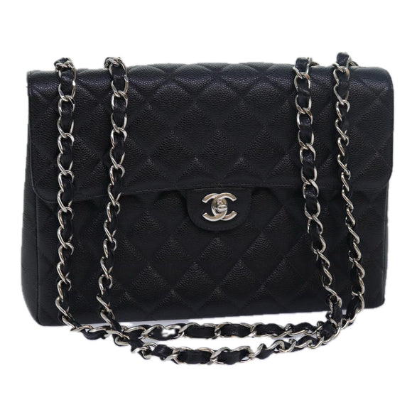 CHANEL Matelasse 30 Turn Lock Chain Bag Caviar Skin Black CC Auth ar11992AV