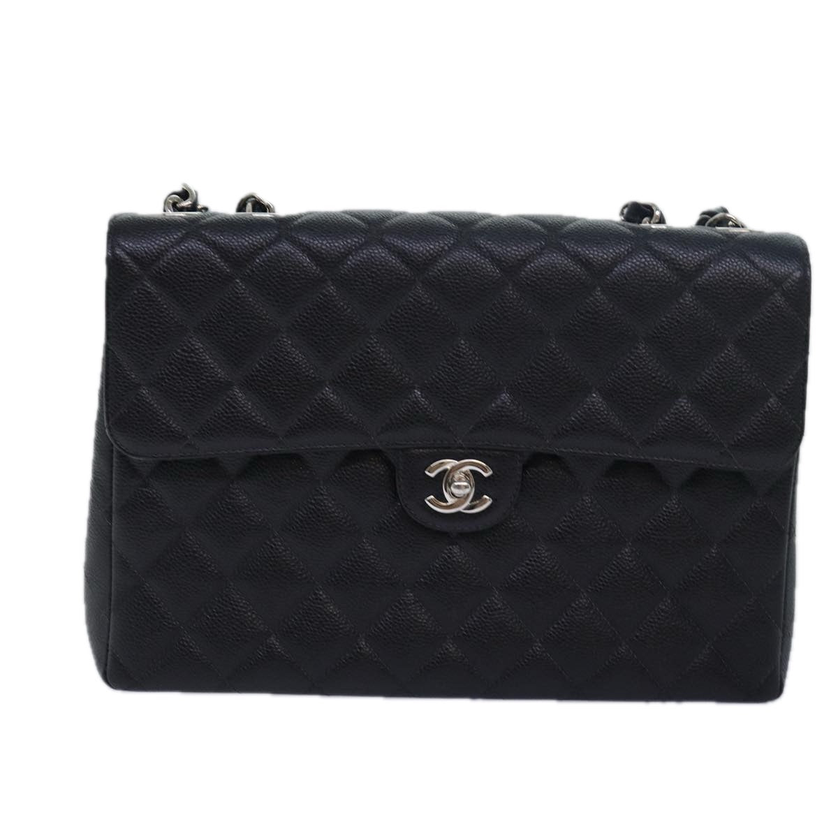 CHANEL Matelasse 30 Turn Lock Chain Bag Caviar Skin Black CC Auth ar11992A