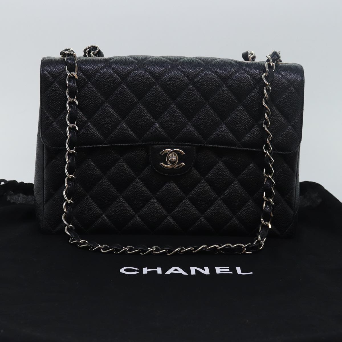 CHANEL Matelasse 30 Turn Lock Chain Bag Caviar Skin Black CC Auth ar11992A