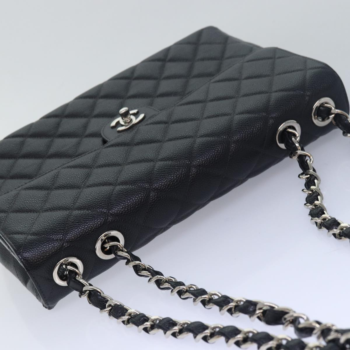 CHANEL Matelasse 30 Turn Lock Chain Bag Caviar Skin Black CC Auth ar11992A