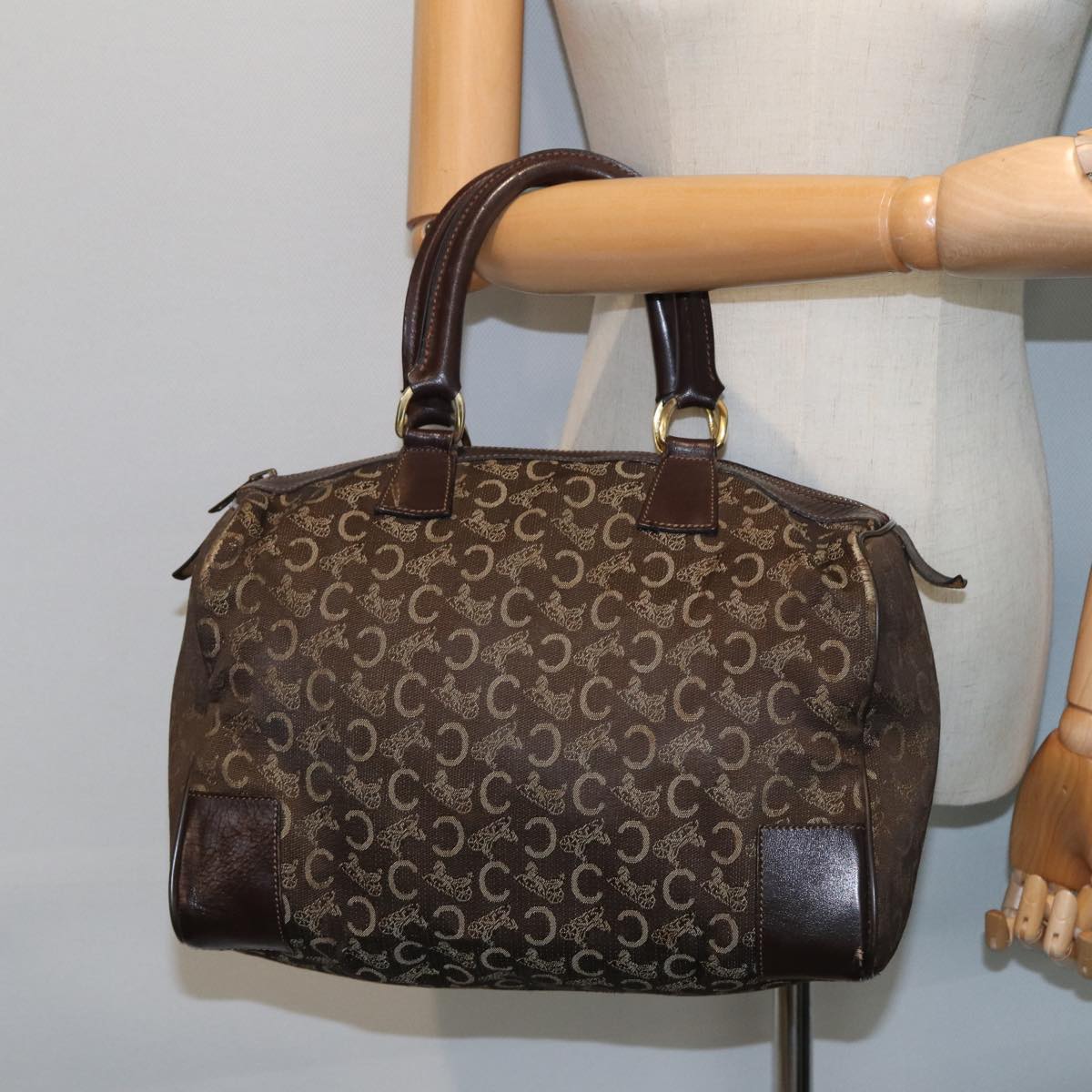 CELINE C Macadam Canvas Boston Bag Brown Auth ar11996