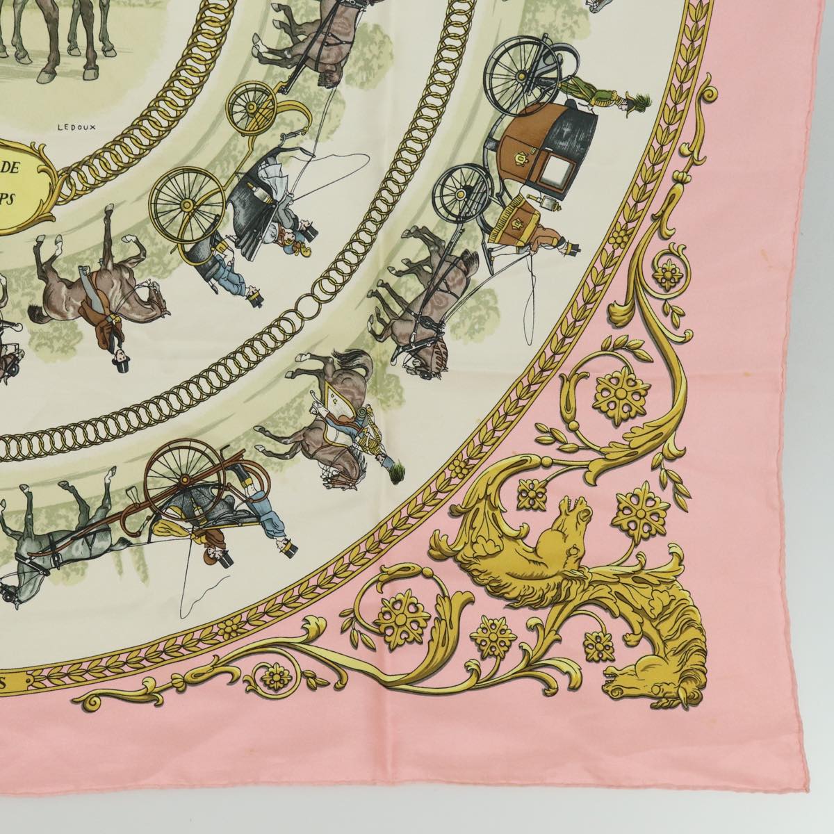 HERMES Carre 90 Scarf LA PROMENADE DE LONGCHAMPS Silk Pink Auth ar12068