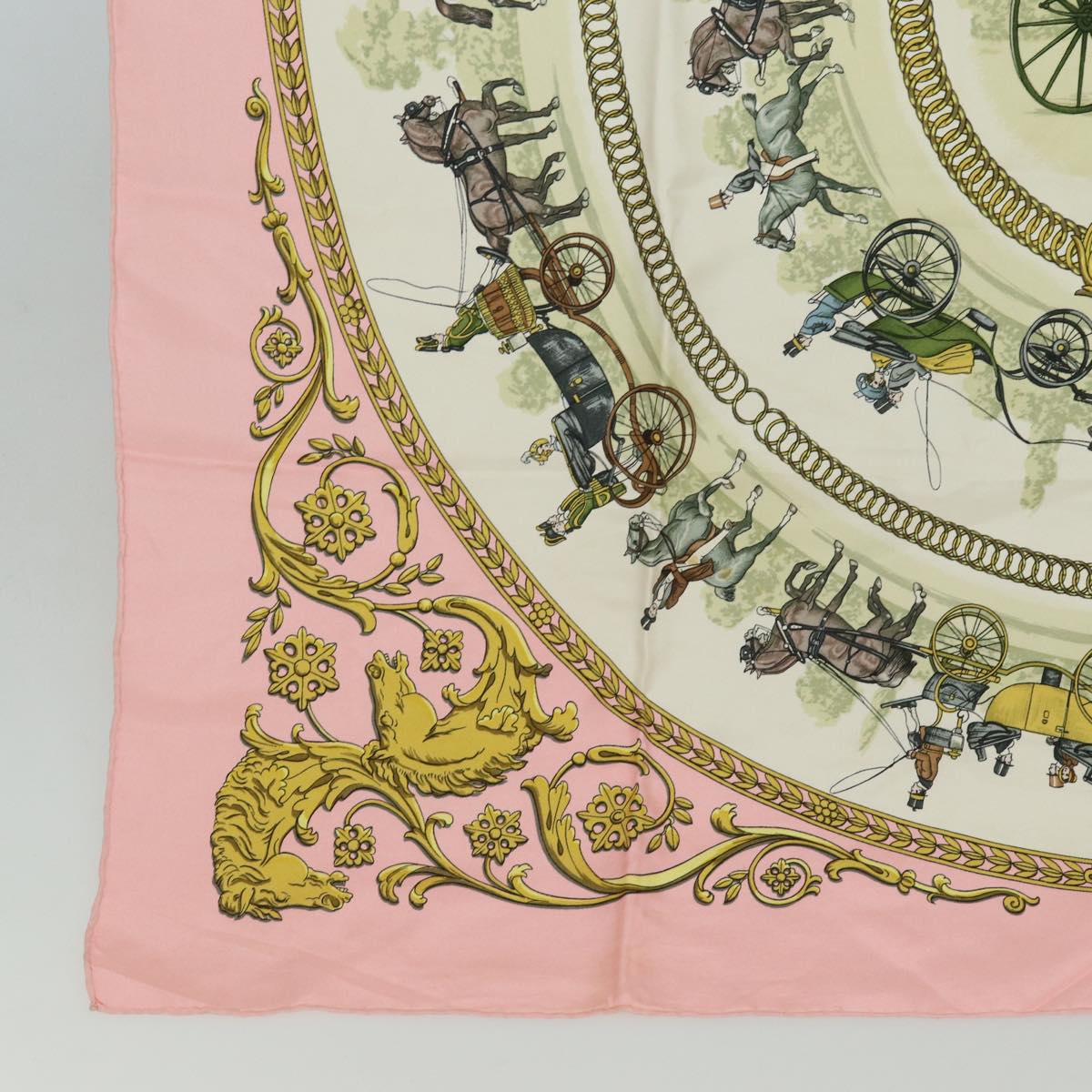 HERMES Carre 90 Scarf LA PROMENADE DE LONGCHAMPS Silk Pink Auth ar12068