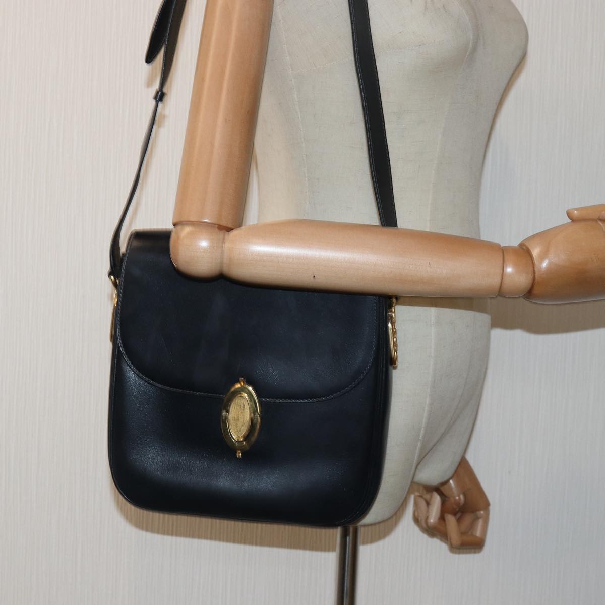 CELINE Shoulder Bag Leather Black Auth ar12071