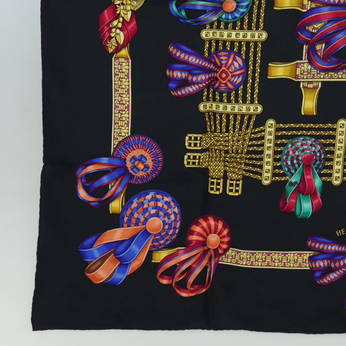 HERMES Carre 90 Scarf Horse ribbon Silk Black Auth ar12073