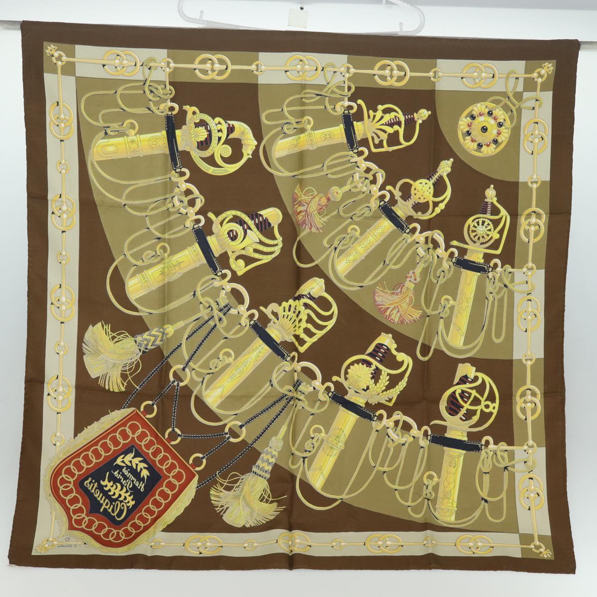 HERMES Carre 90 Scarf Cliquetis tick sword pattern Silk Brown Auth ar12074