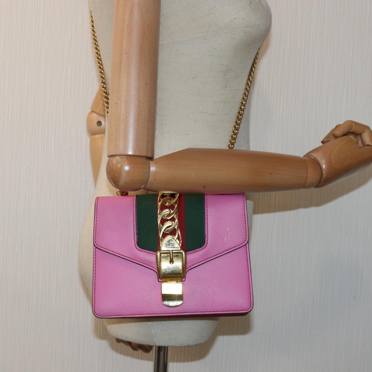 GUCCI Sylvie Web Sherry Line Mini Chain Bag Leather Pink 431666 Auth ar12089