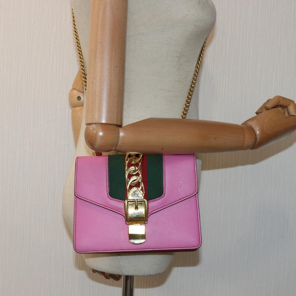 GUCCI Sylvie Web Sherry Line Mini Chain Bag Leather Pink 431666 Auth ar12089