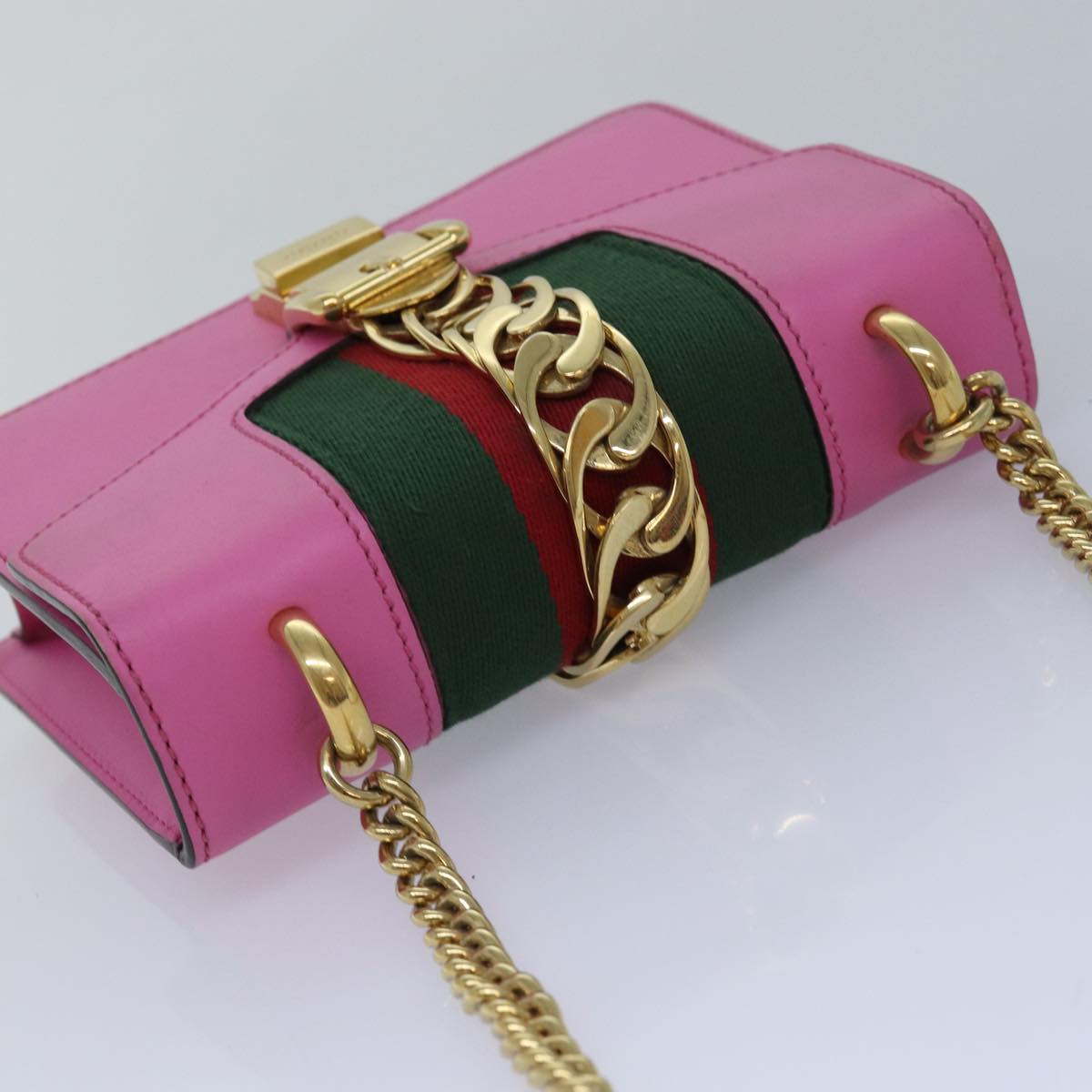 GUCCI Sylvie Web Sherry Line Mini Chain Bag Leather Pink 431666 Auth ar12089