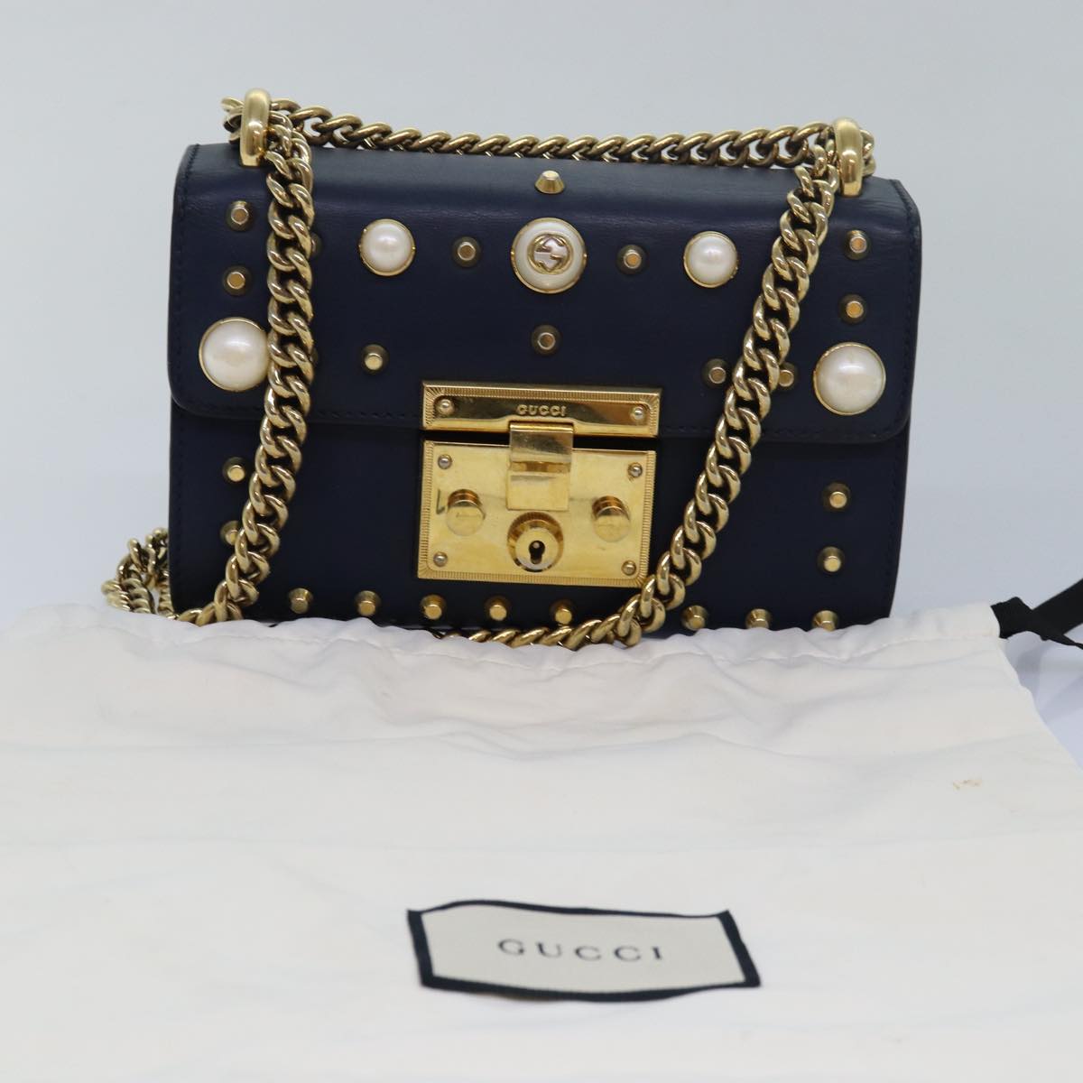 GUCCI Pad Lock Chain Shoulder Bag Leather Navy 432182 Auth ar12096