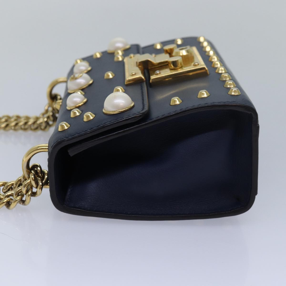 GUCCI Pad Lock Chain Shoulder Bag Leather Navy 432182 Auth ar12096