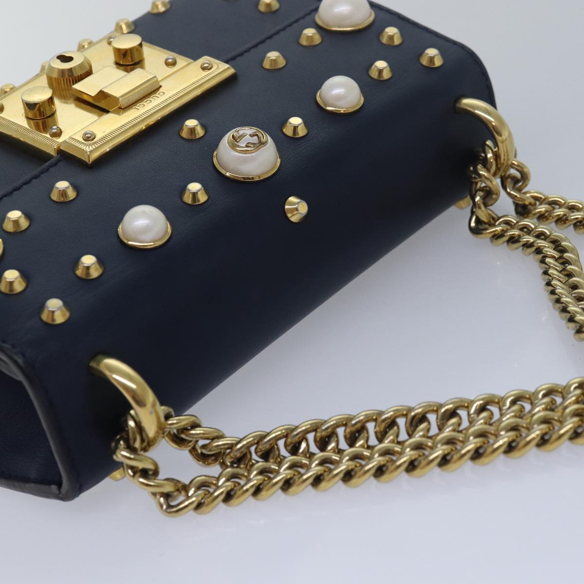 GUCCI Pad Lock Chain Shoulder Bag Leather Navy 432182 Auth ar12096