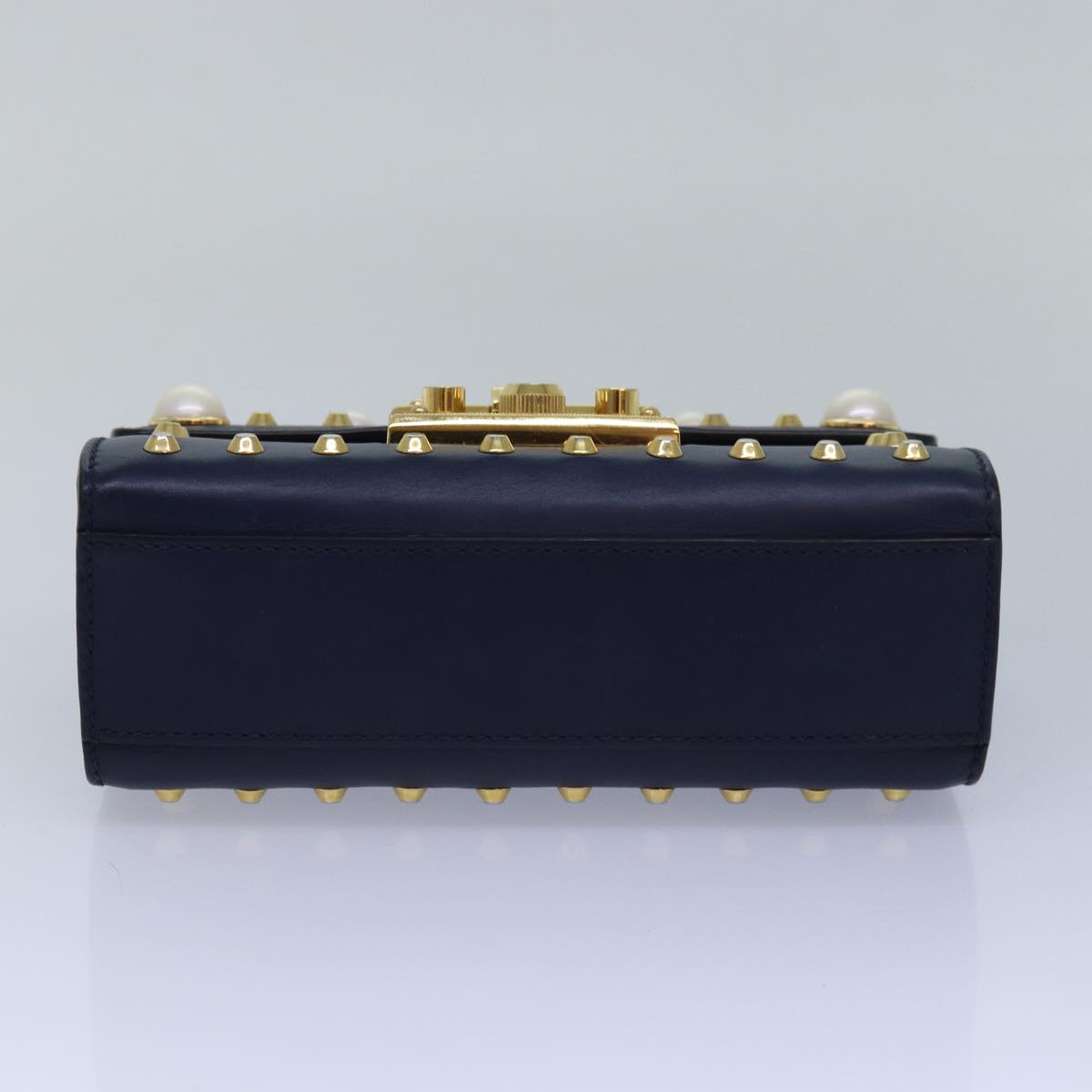 GUCCI Pad Lock Chain Shoulder Bag Leather Navy 432182 Auth ar12096