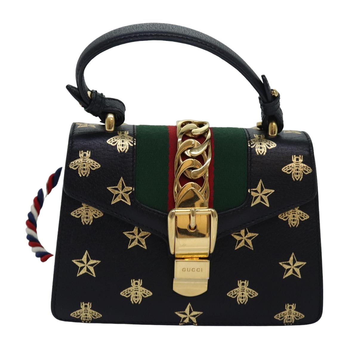 GUCCI Web Sherry Line Silvi Hand Bag Leather Black Red Green 470270 Auth ar12097