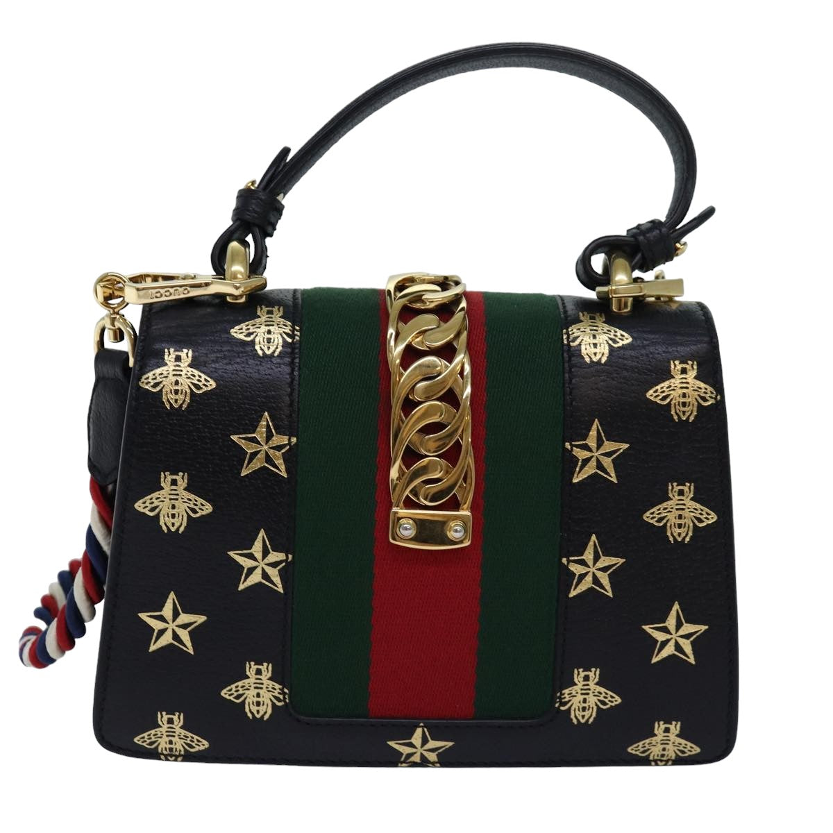 GUCCI Web Sherry Line Silvi Hand Bag Leather Black Red Green 470270 Auth ar12097