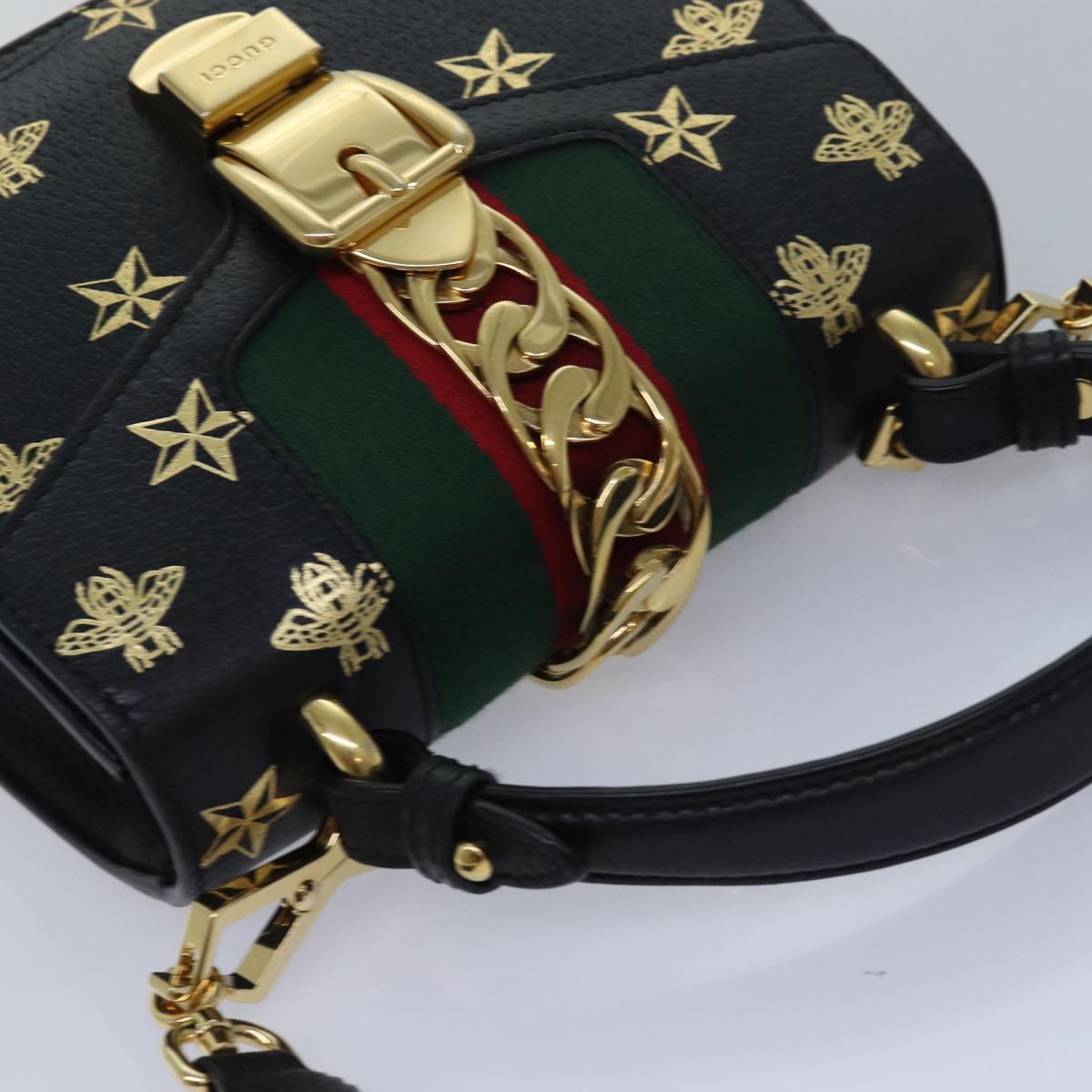 GUCCI Web Sherry Line Silvi Hand Bag Leather Black Red Green 470270 Auth ar12097