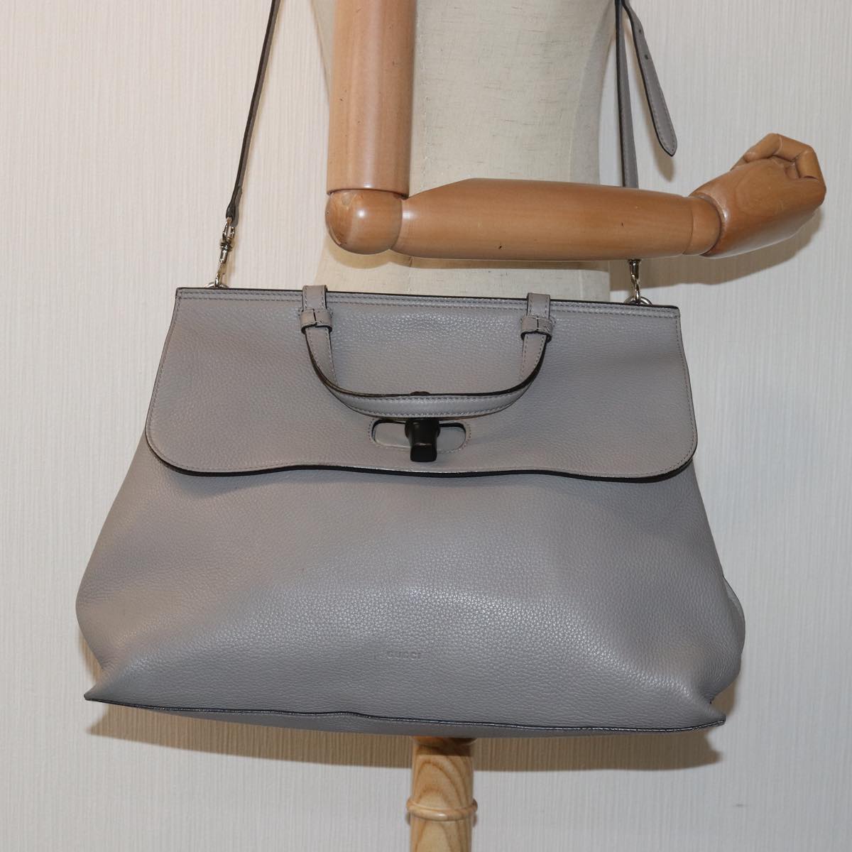 GUCCI Bamboo Daily Hand Bag Leather 2way Gray 370830 Auth ar12107