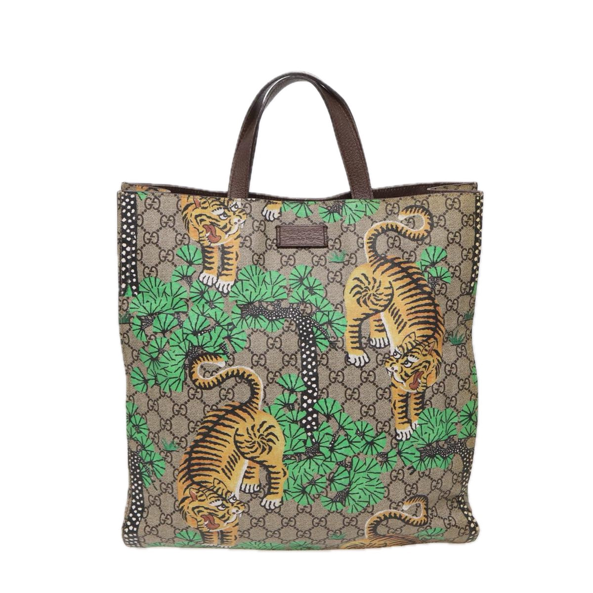 GUCCI GG Canvas Bengal Tiger Tote Bag PVC 2way Beige Green yellow Auth ar12133A