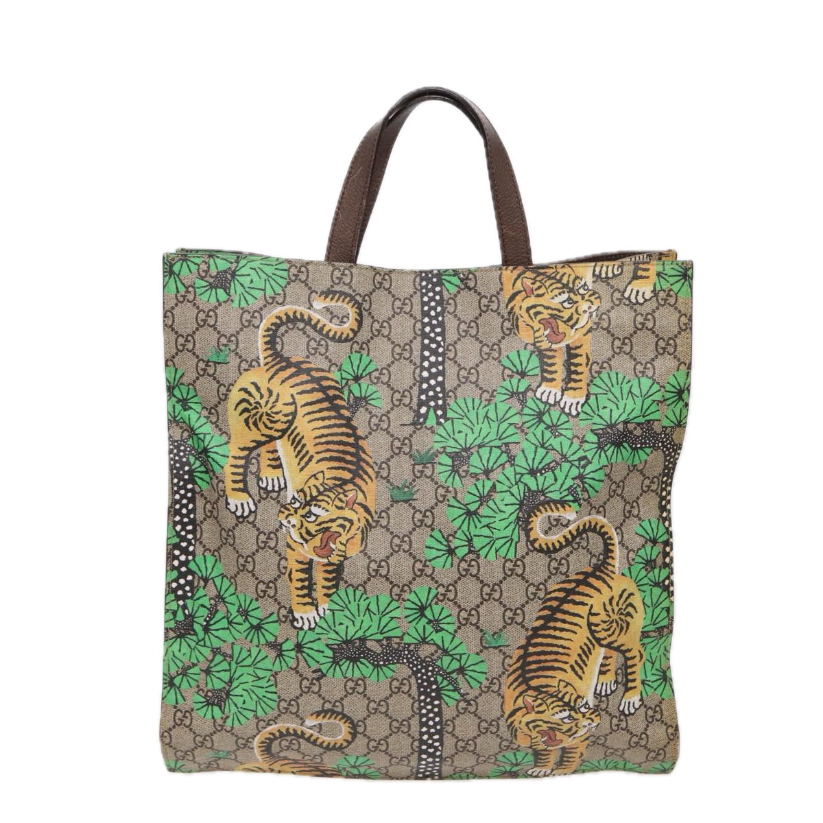 GUCCI GG Canvas Bengal Tiger Tote Bag PVC 2way Beige Green yellow Auth ar12133A