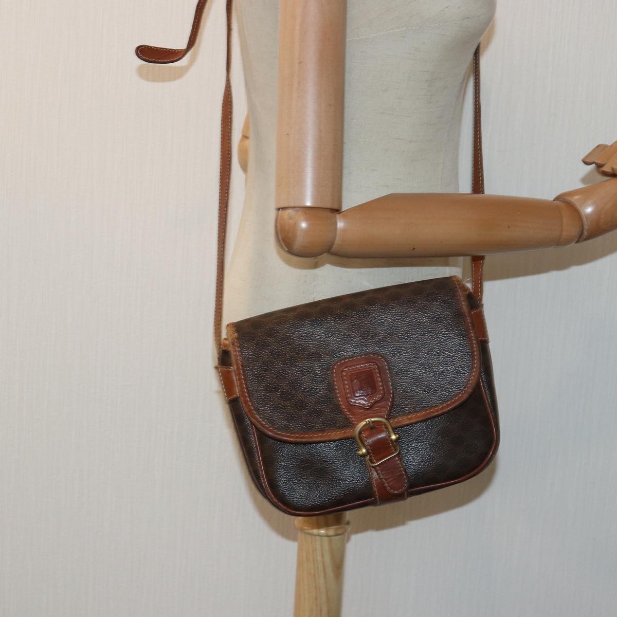 CELINE Macadam Canvas Shoulder Bag PVC Leather Brown Auth ar12158