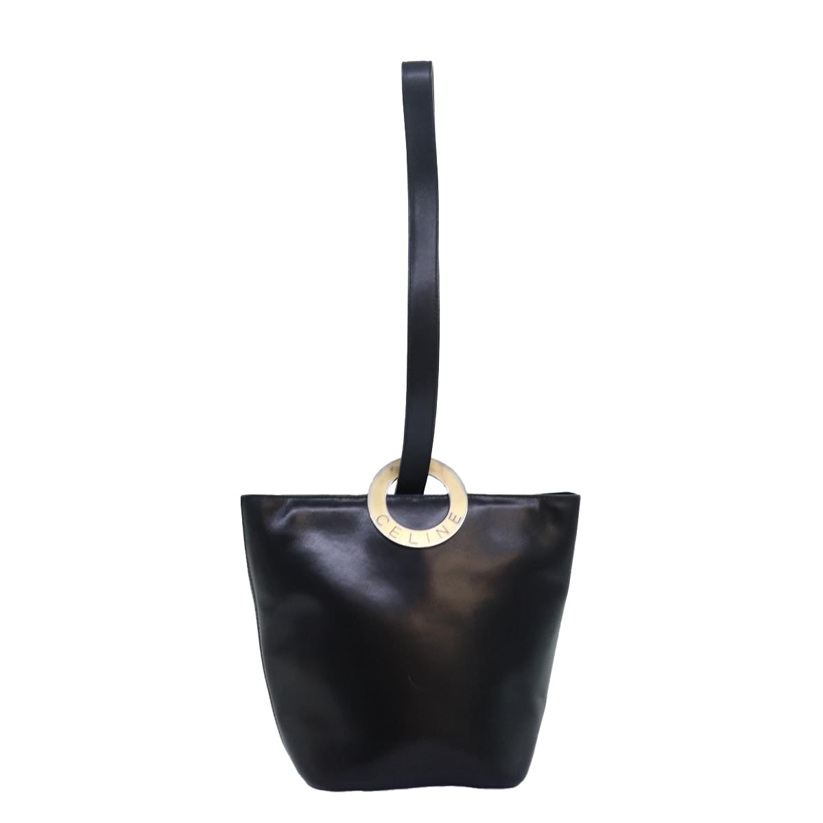 CELINE Circle Hand Bag Leather Black Auth ar12160