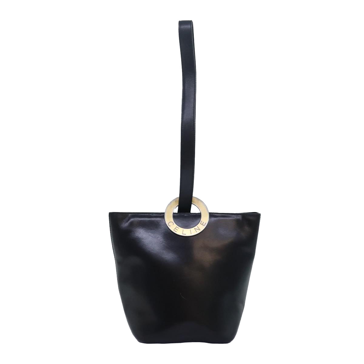 CELINE Circle Hand Bag Leather Black Auth ar12160