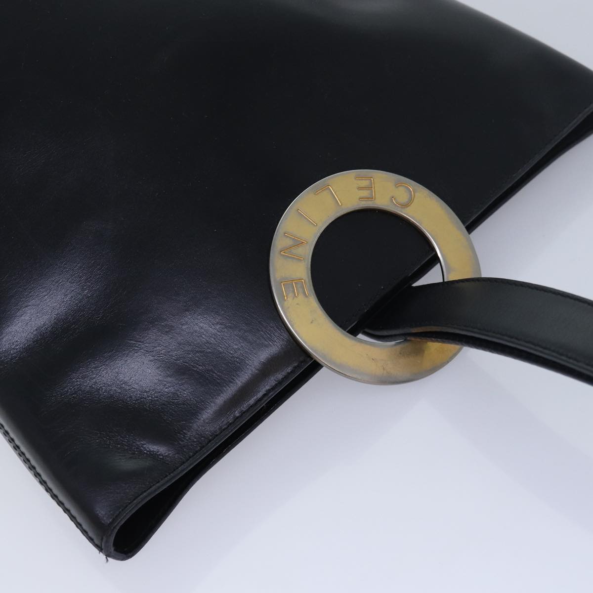 CELINE Circle Hand Bag Leather Black Auth ar12160