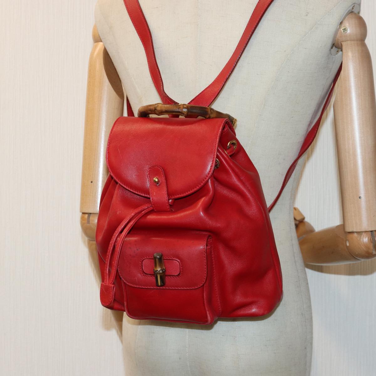 GUCCI Bamboo Backpack Leather Red 003 1705 0030 Auth ar12168