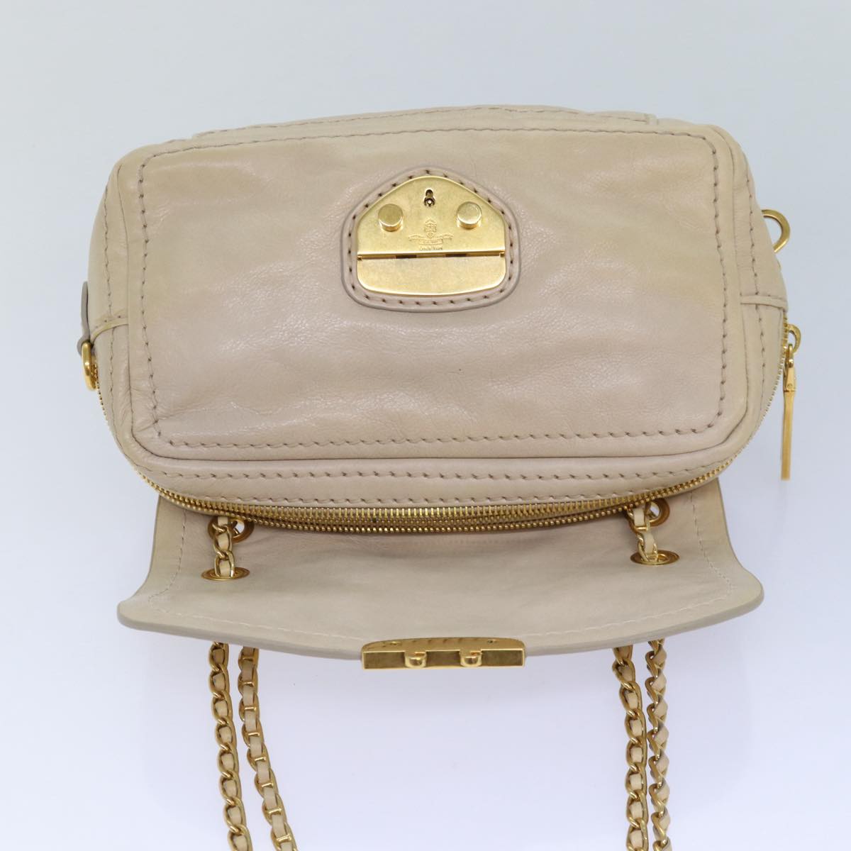 PRADA Chain Shoulder Bag Leather Beige Auth ar12197