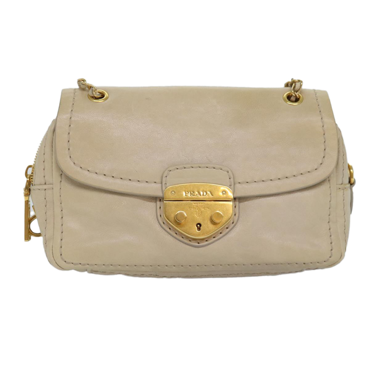 PRADA Chain Shoulder Bag Leather Beige Auth ar12197