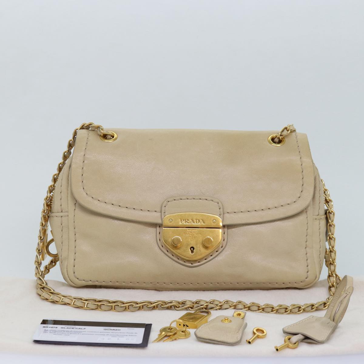 PRADA Chain Shoulder Bag Leather Beige Auth ar12197