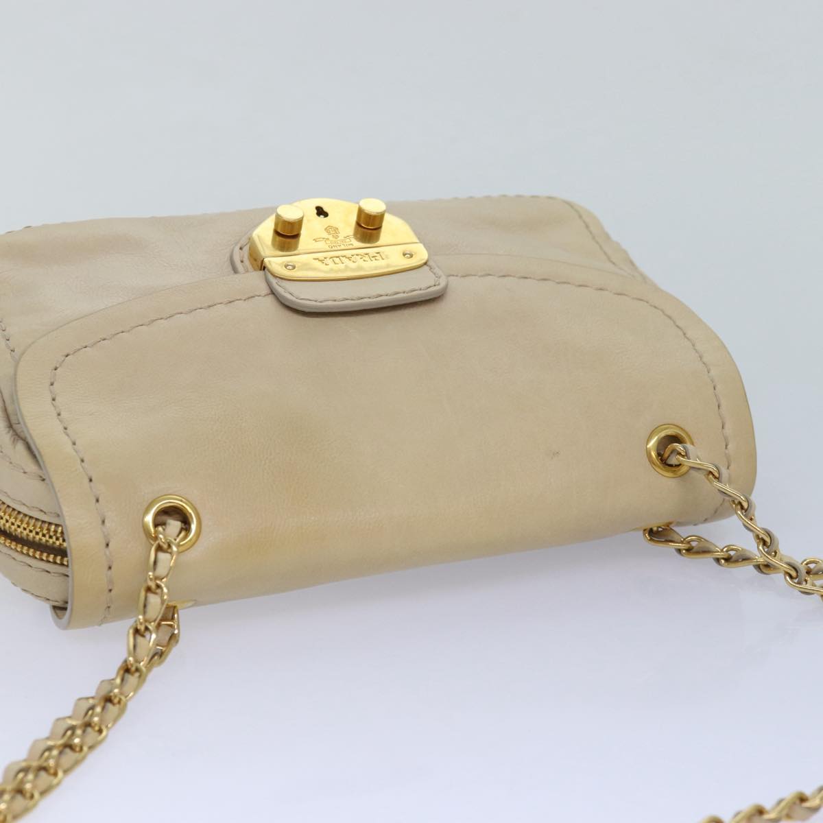 PRADA Chain Shoulder Bag Leather Beige Auth ar12197