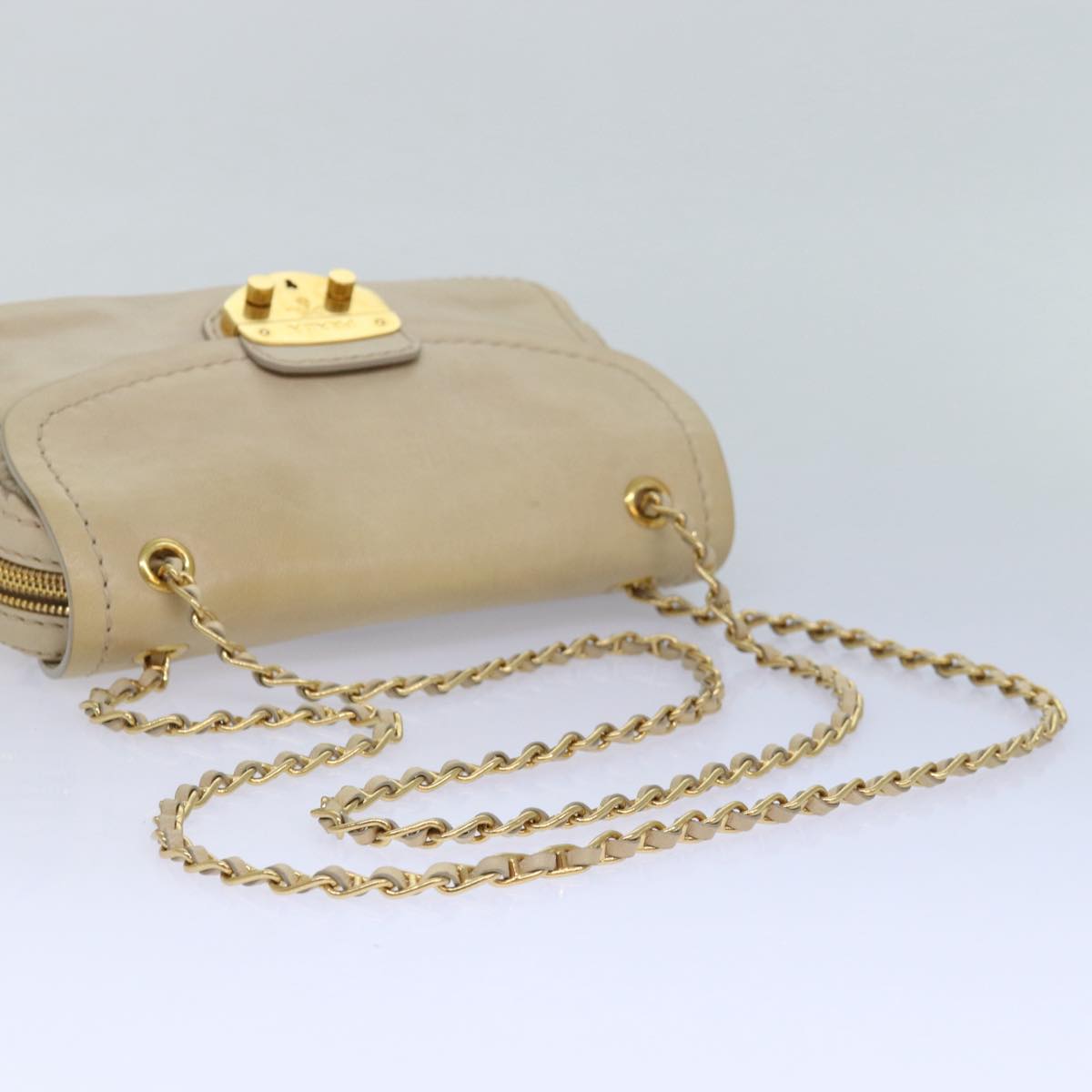 PRADA Chain Shoulder Bag Leather Beige Auth ar12197