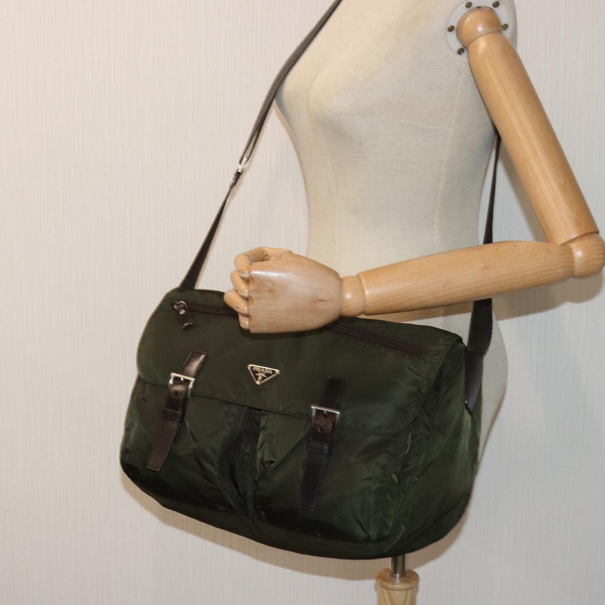 PRADA Shoulder Bag Nylon Khaki Auth ar12206