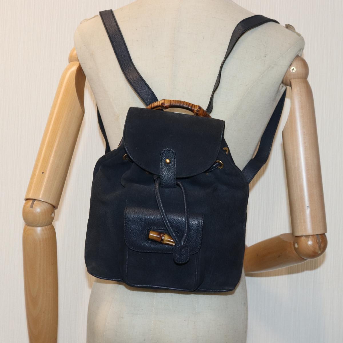 GUCCI Bamboo Backpack Suede Navy 003 1705 0030 Auth ar12212